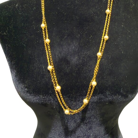 Napier Gold-Tone Double-Strand Chain  Necklace With Faux Pearl Accents- Vintage - Picture 7 of 7
